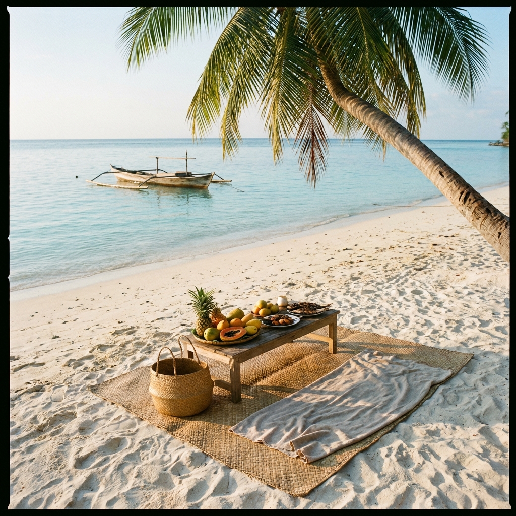Picnic on a deserted beach in Pulau Puah